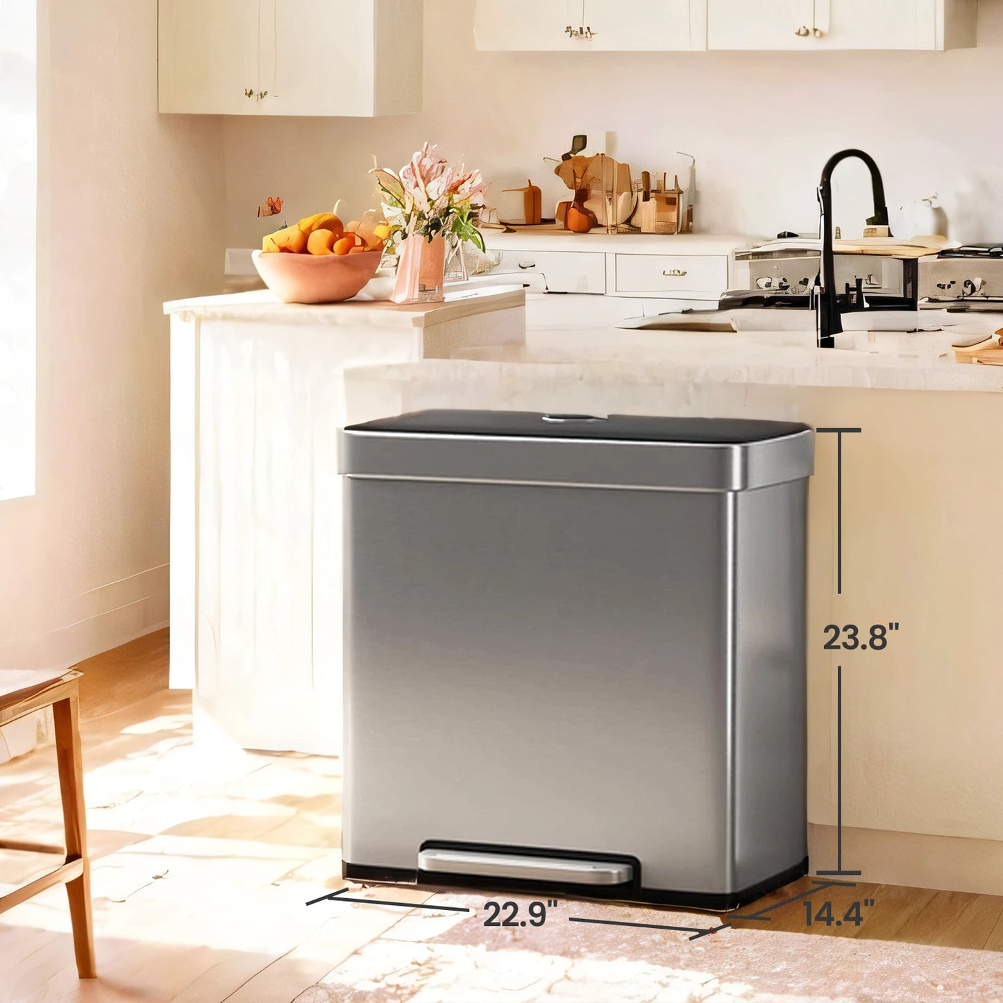 Stainless Steel 16 Gallon Dual Compartment Trash Can, 2 x 8 Gallon Pedal Bin with Stay-Open Lid & 15 Bags,Metallic Silver
