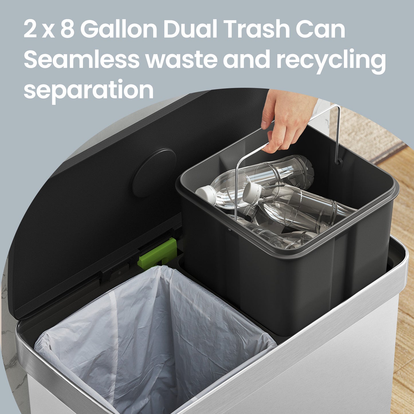Stainless Steel 16 Gallon Dual Compartment Trash Can, 2 x 8 Gallon Pedal Bin with Stay-Open Lid & 15 Bags,Metallic Silver