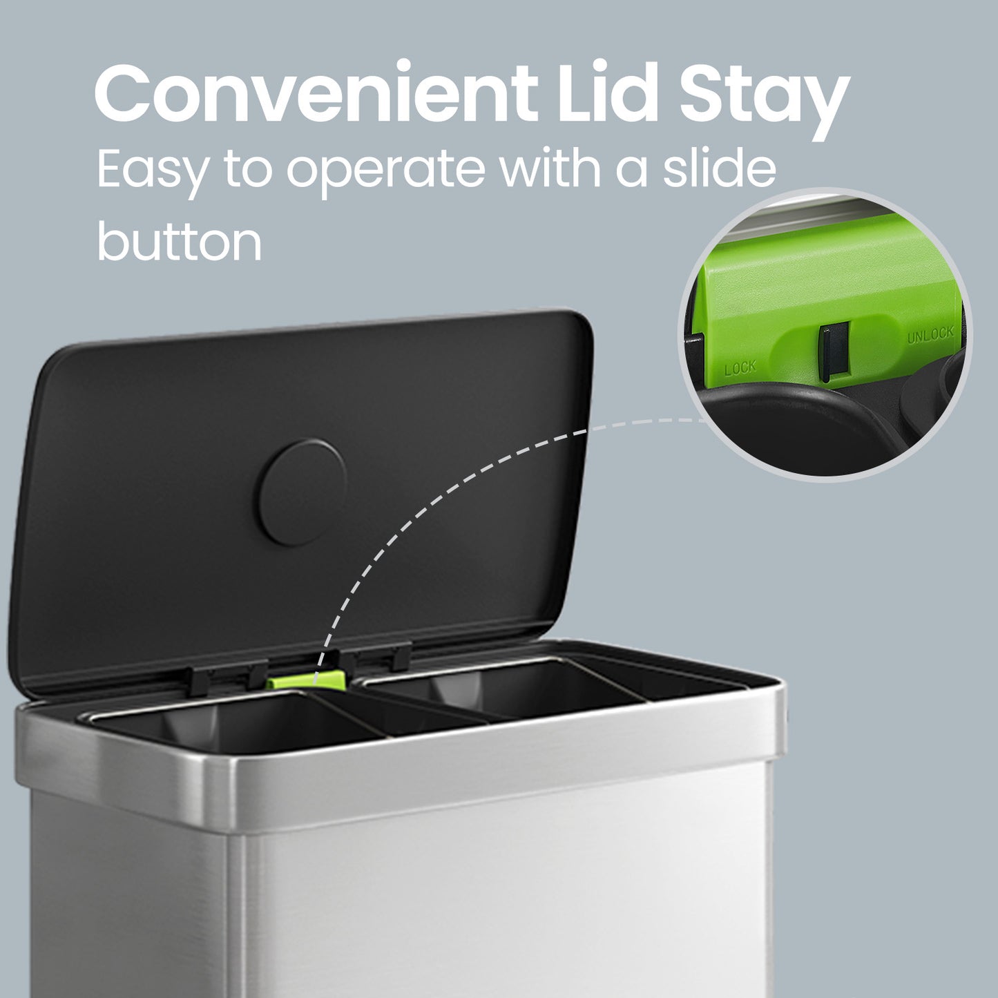 Stainless Steel 16 Gallon Dual Compartment Trash Can, 2 x 8 Gallon Pedal Bin with Stay-Open Lid & 15 Bags,Metallic Silver