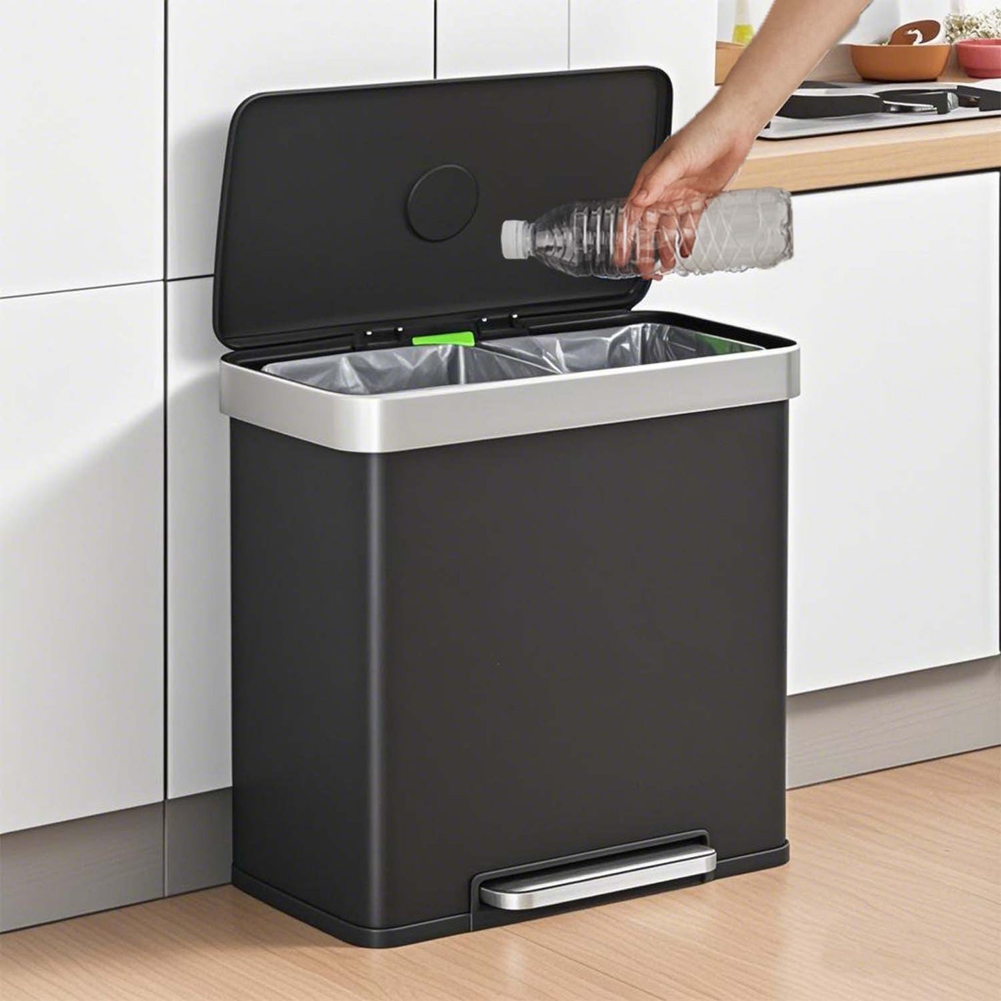 Stainless Steel 16 Gallon Dual Compartment Trash Can, 2 x 8 Gallon Pedal Bin with Stay-Open Lid & 15 Bags, Ink Black