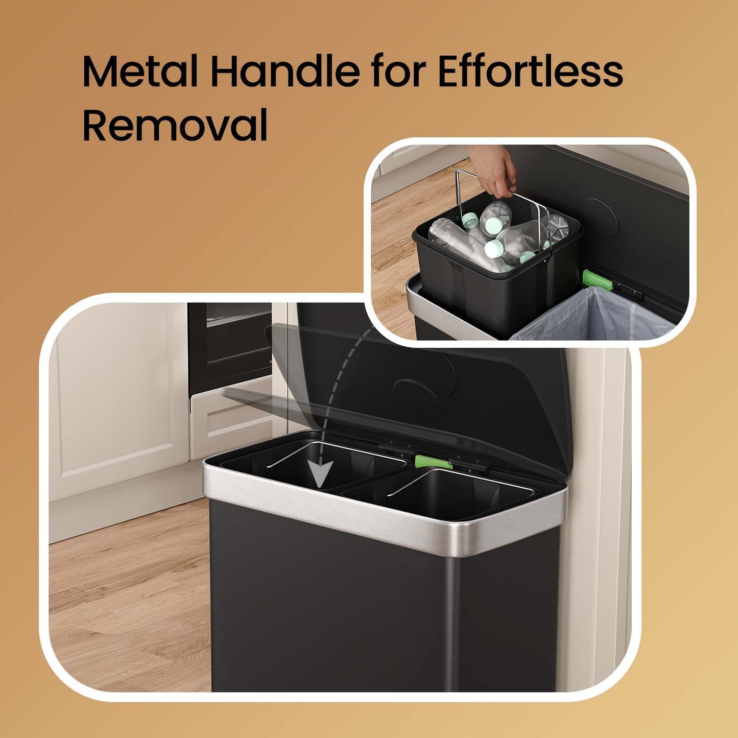Stainless Steel 16 Gallon Dual Compartment Trash Can, 2 x 8 Gallon Pedal Bin with Stay-Open Lid & 15 Bags, Ink Black