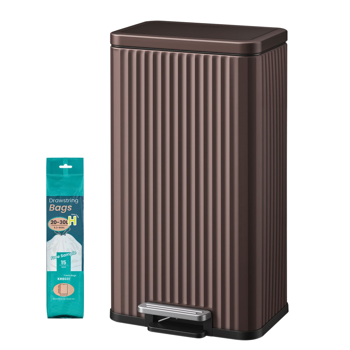 LEDREM Stainless Steel Step Trash Can with Lid and Inner Bucket, 8 Gal., 13.2 x 11.7 x 23.4 inches, Brown