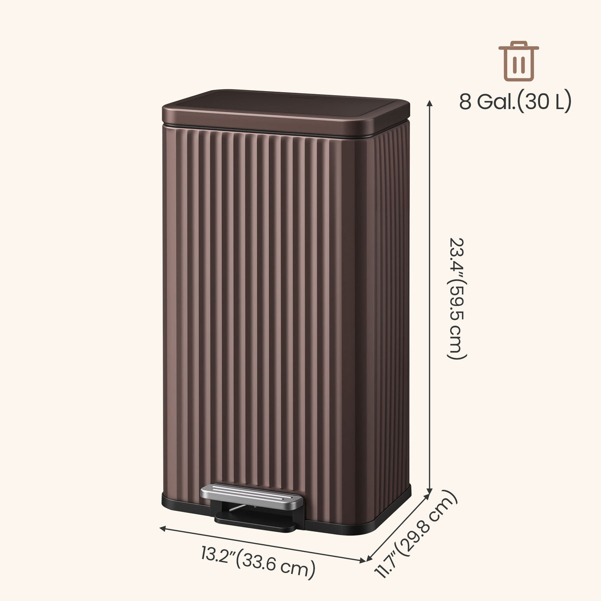 LEDREM Stainless Steel Step Trash Can with Lid and Inner Bucket, 8 Gal., 13.2 x 11.7 x 23.4 inches, Brown