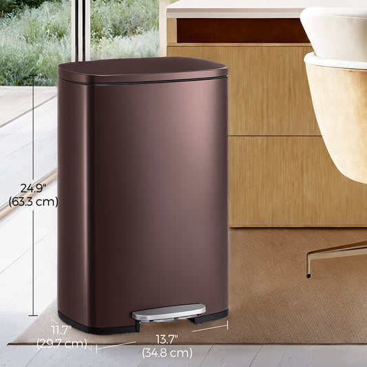 Stainless Steel 13 Gallon Step Trash Can, Soft-Close Lid with Inner Bucket, Kitchen & Office Bin,Brown