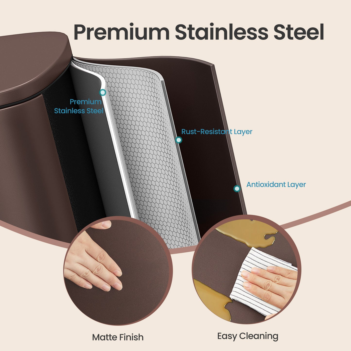 Stainless Steel 13 Gallon Step Trash Can, Soft-Close Lid with Inner Bucket, Kitchen & Office Bin,Brown