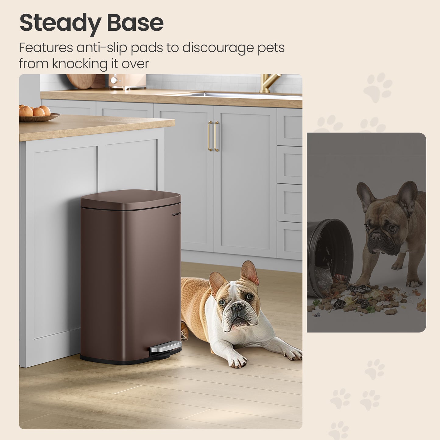Stainless Steel 13 Gallon Step Trash Can, Soft-Close Lid with Inner Bucket, Kitchen & Office Bin,Brown
