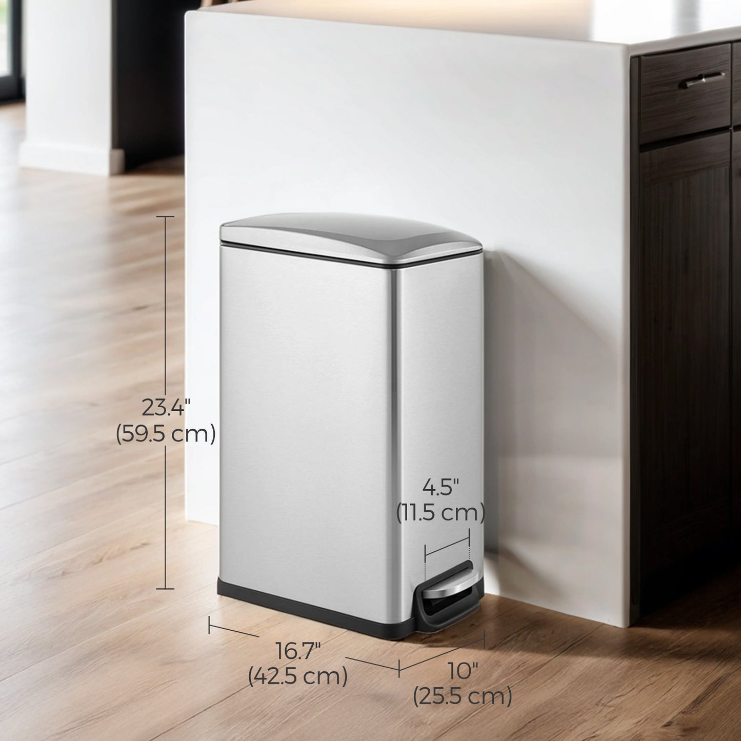 13 Gallon Slim Trash Can, Soft-Close Lid with Inner Bucket & Pedal, Narrow Space Kitchen Bin,Silver