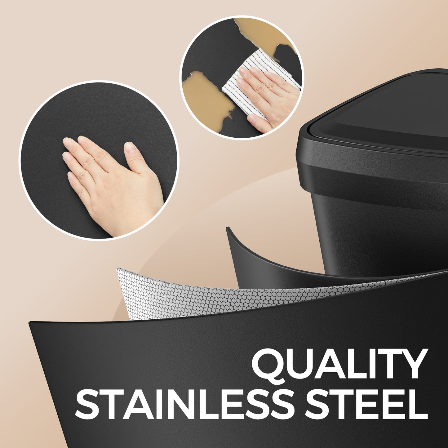 18 Gallon Stainless Steel Kitchen Trash Can, Stay-Open Lid with Step Pedal & Odor Filter, Large Capacity Bin, Black
