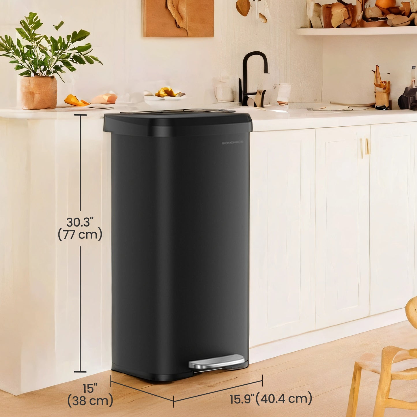 18 Gallon Stainless Steel Kitchen Trash Can, Stay-Open Lid with Step Pedal & Odor Filter, Large Capacity Bin, Black