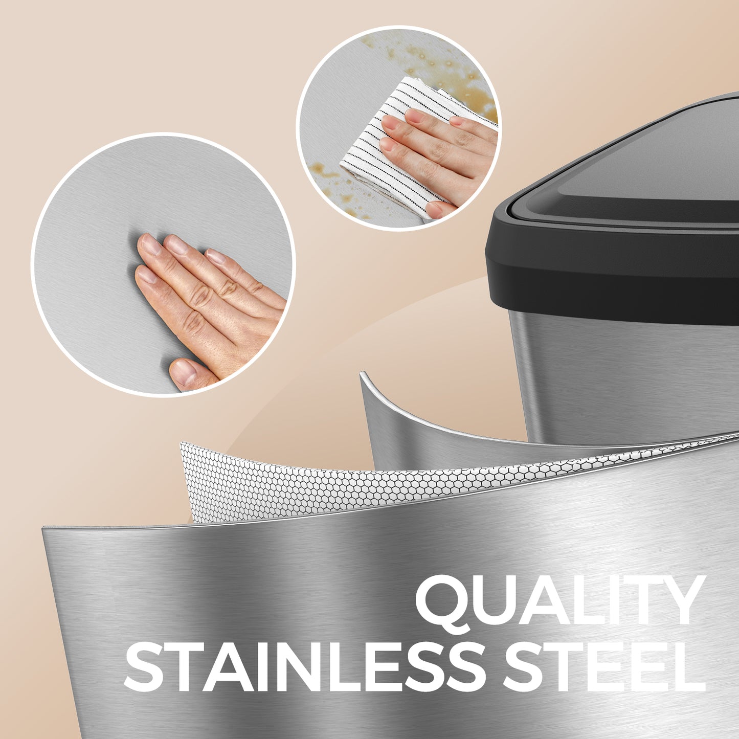 18 Gallon Stainless Steel Kitchen Trash Can, Stay-Open Lid with Step Pedal & Odor Filter, Large Capacity Bin,Silver and Black