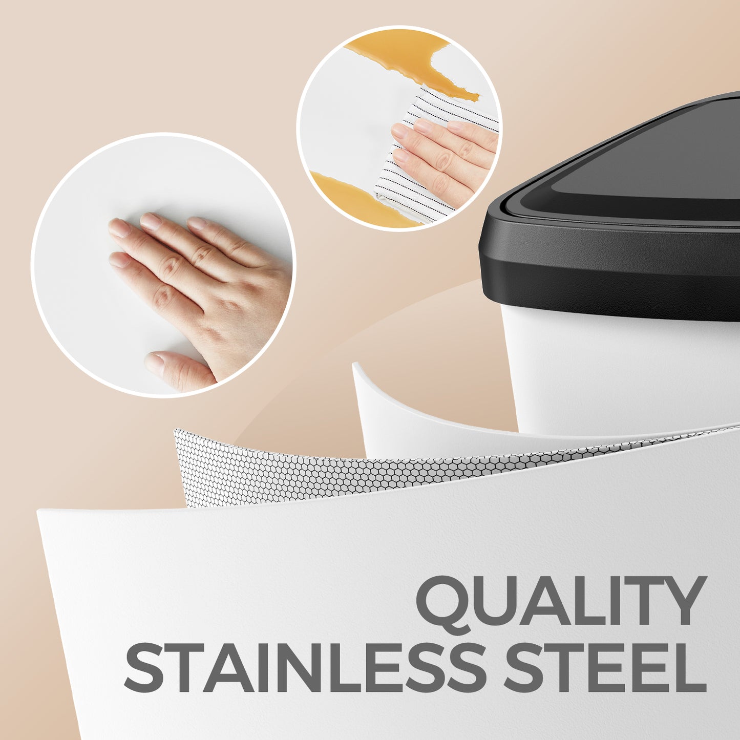 18 Gallon Stainless Steel Kitchen Trash Can, Stay-Open Lid with Step Pedal & Odor Filter, Large Capacity Bin,White and Black
