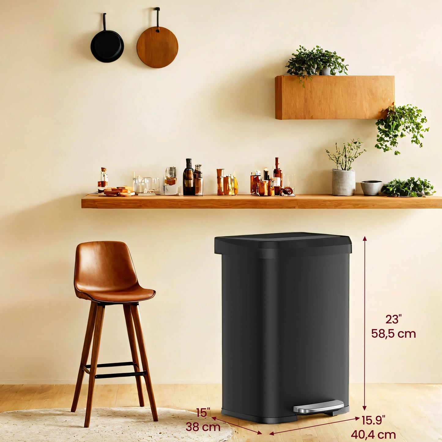 13 Gallon Stainless Steel Kitchen Trash Can, Stay-Open Lid with Step Pedal & Odor Filter, Large Capacity Bin,Black