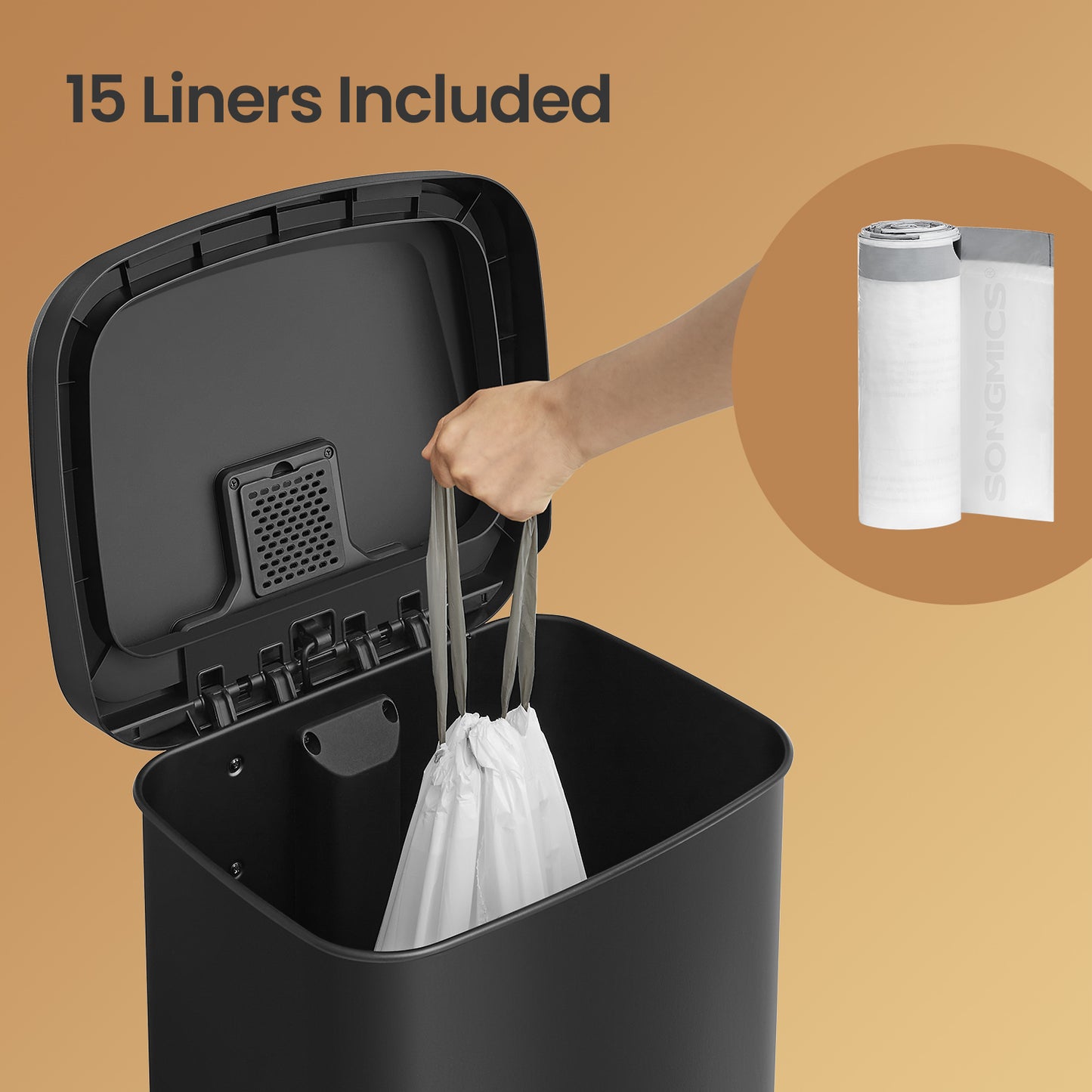13 Gallon Stainless Steel Kitchen Trash Can, Stay-Open Lid with Step Pedal & Odor Filter, Large Capacity Bin,Black