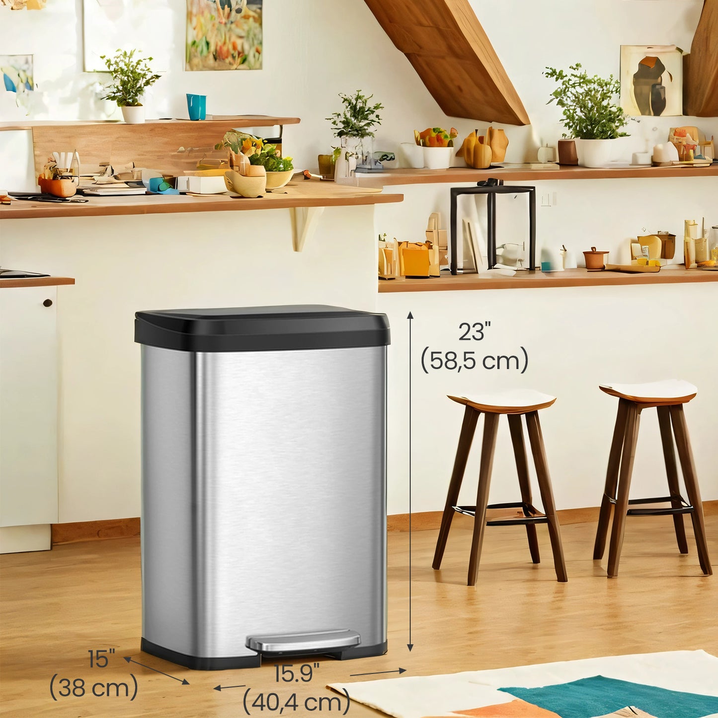 13 Gallon Stainless Steel Kitchen Trash Can, Stay-Open Lid with Step Pedal & Odor Filter, Large Capacity Bin,Silver and Black