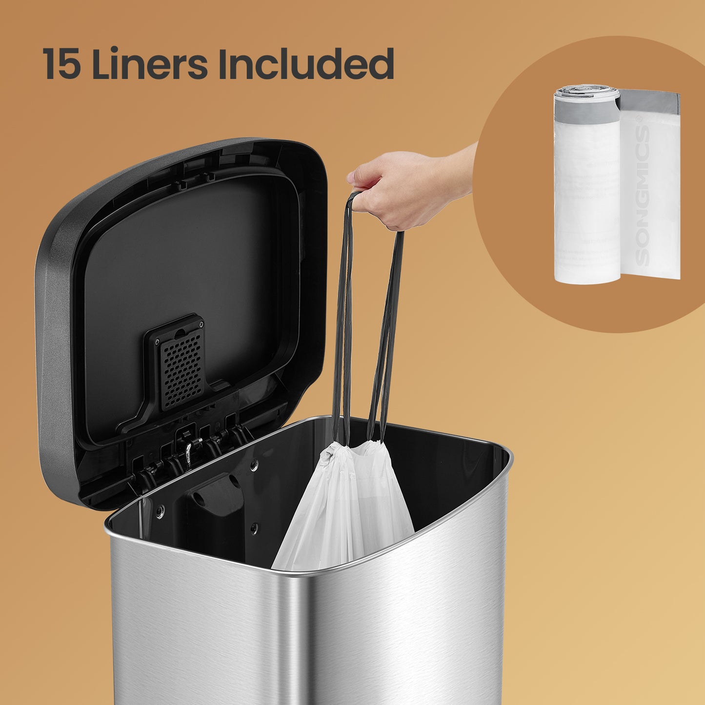 13 Gallon Stainless Steel Kitchen Trash Can, Stay-Open Lid with Step Pedal & Odor Filter, Large Capacity Bin,Silver and Black