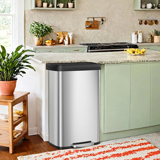 21 Gal Kitchen Step Trash Can, Soft-Close Stay-Open Lid, Wide Pedal, Odor-Control Filter, Space-Saving Design, Stainless Steel，Silver and Black