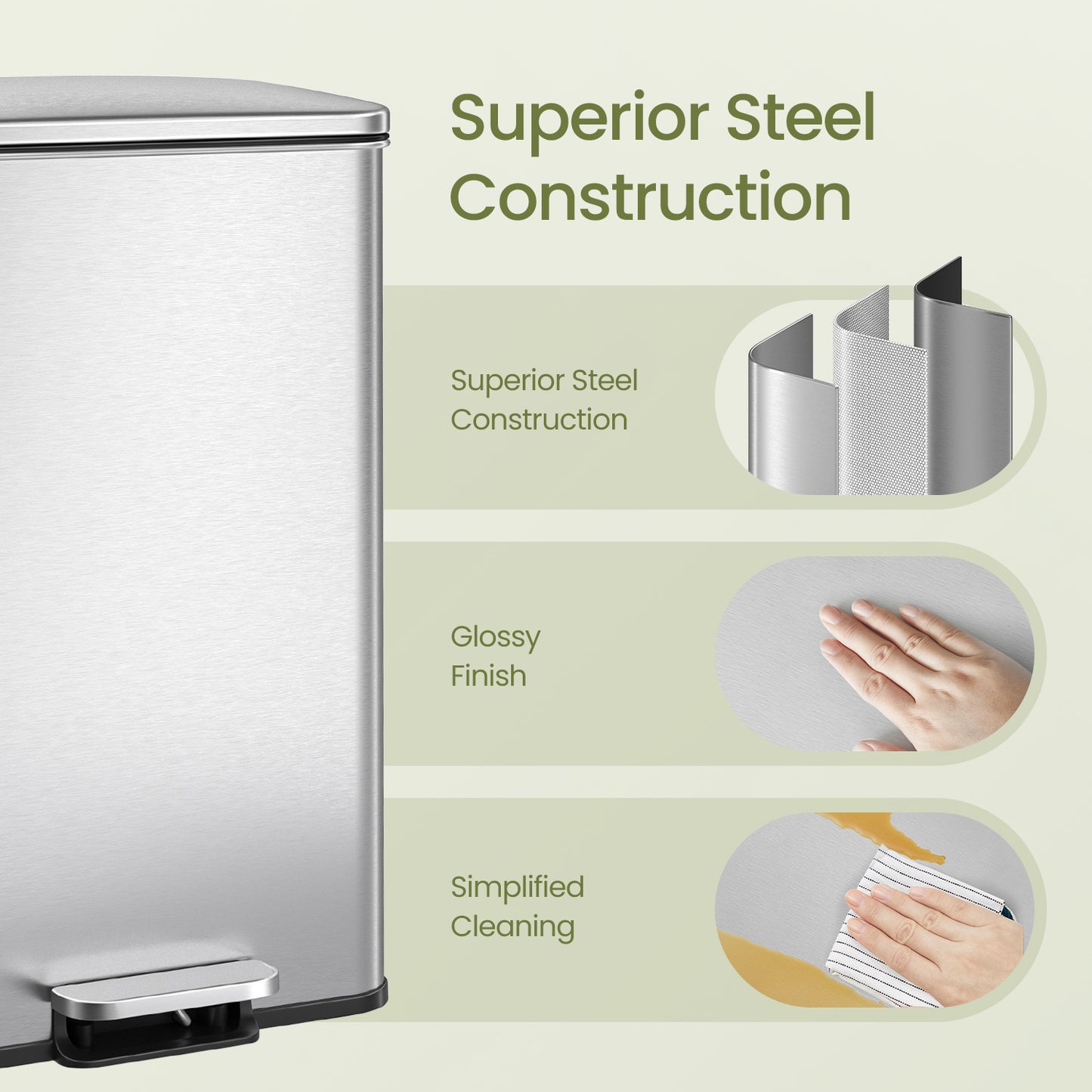 10.5 Gal Step Kitchen Trash Can, Soft-Close Lid, Bag Retainer Ring, Includes 15 Trash Bags, Space Efficient, Stainless Steel，Silver