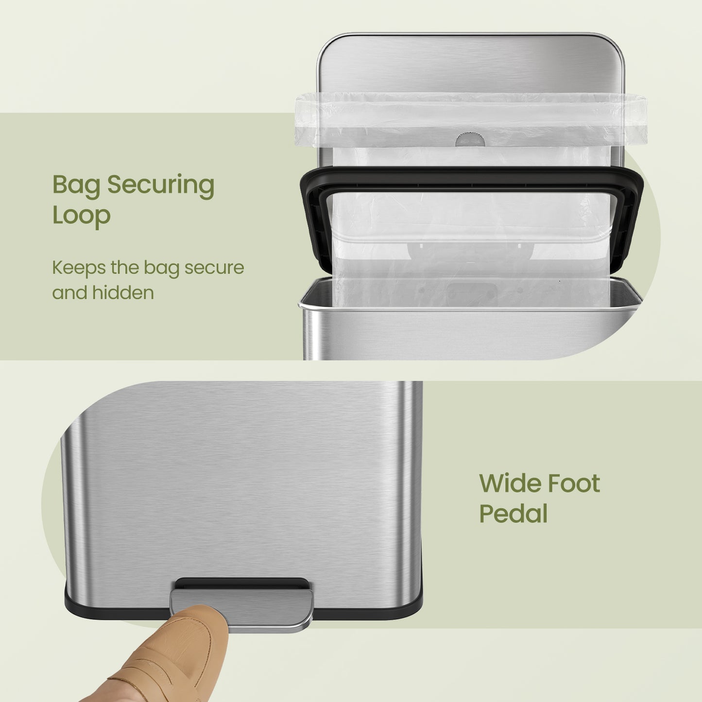 10.5 Gal Step Kitchen Trash Can, Soft-Close Lid, Bag Retainer Ring, Includes 15 Trash Bags, Space Efficient, Stainless Steel，Silver