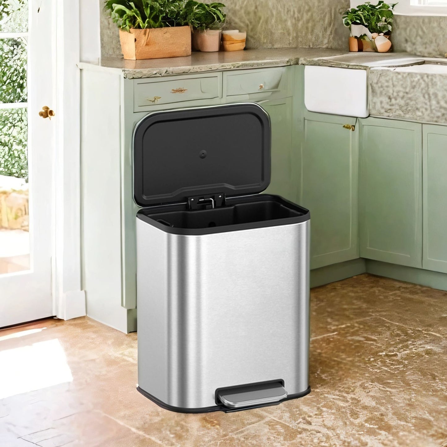 5.2-Gallon Step Trash Can, Soft-Close Stay-Open Lid, Inner Bucket, Non-Slip Pedal, Compact Stainless Steel Bin for Small Spaces