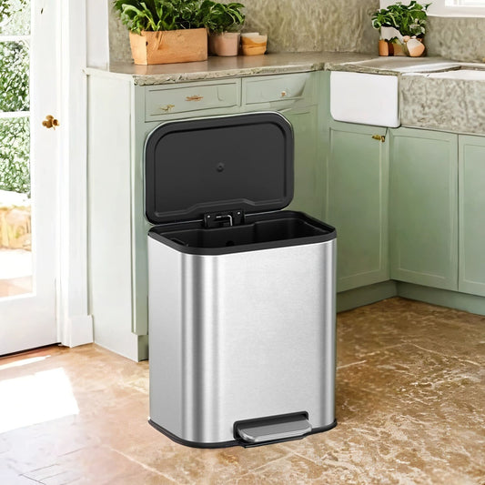 5.2-Gallon Step Trash Can, Soft-Close Stay-Open Lid, Inner Bucket, Non-Slip Pedal, Compact Stainless Steel Bin for Small Spaces