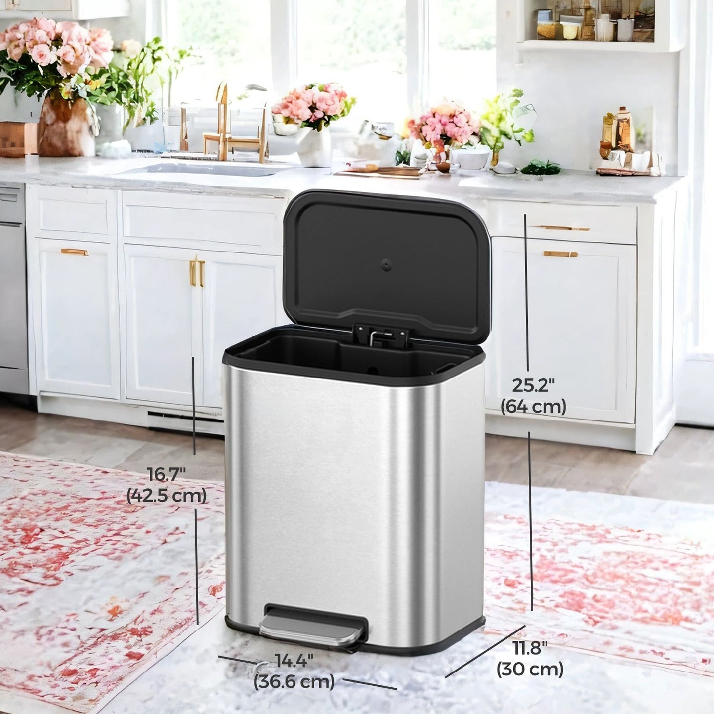5.2-Gallon Step Trash Can, Soft-Close Stay-Open Lid, Inner Bucket, Non-Slip Pedal, Compact Stainless Steel Bin for Small Spaces