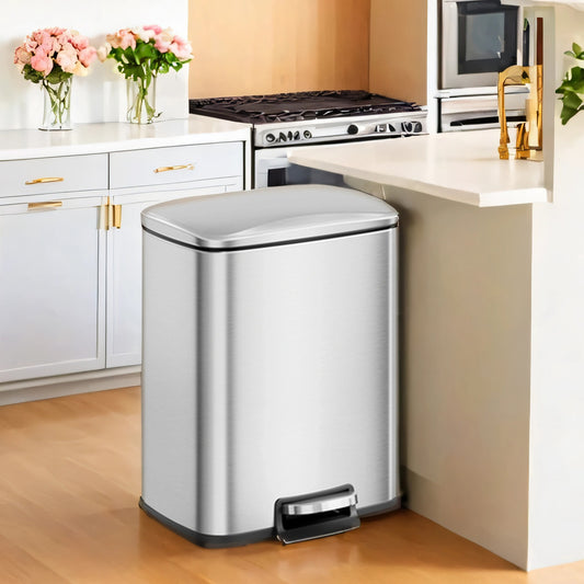 5.2-Gallon Step Kitchen Trash Can, Soft-Close Stay-Open Lid, Inner Bucket, Includes 15 Liners, Compact Stainless Steel Bin,Silver