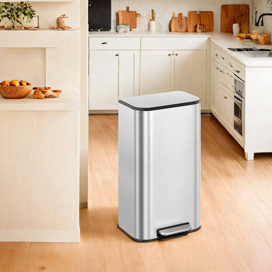 8-Gallon Step Trash Can, Soft-Close Stay-Open Lid, Inner Bucket, Non-Slip Pedal, Compact Stainless Steel Bin for Kitchen,Metallic Silver