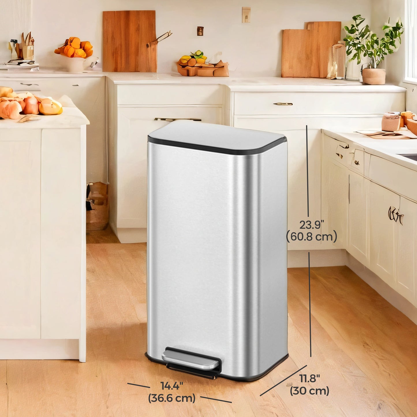8-Gallon Step Trash Can, Soft-Close Stay-Open Lid, Inner Bucket, Non-Slip Pedal, Compact Stainless Steel Bin for Kitchen,Metallic Silver