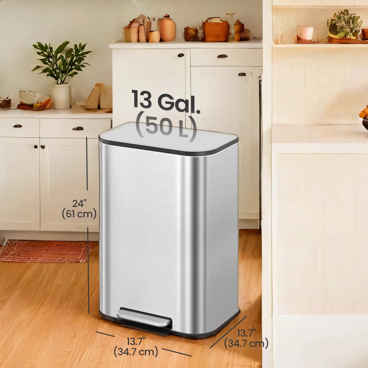 13-Gallon Step Trash Can, Soft-Close Stay-Open Lid, Inner Bucket, Anti-Slip Base, Family Kitchen Stainless Steel Bin,Metallic Silver