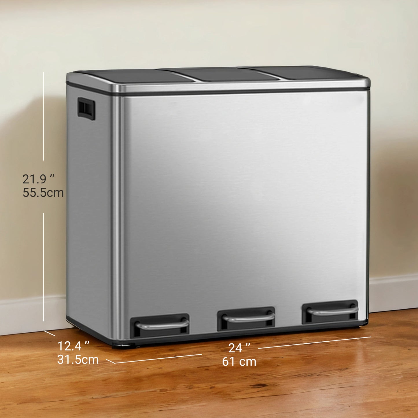 3 x 4.8 Gal Triple Compartment Recycling Bin, Soft-Close Step Lid, Inner Buckets, Waste Sorting System, Stainless Steel,Silver and Black