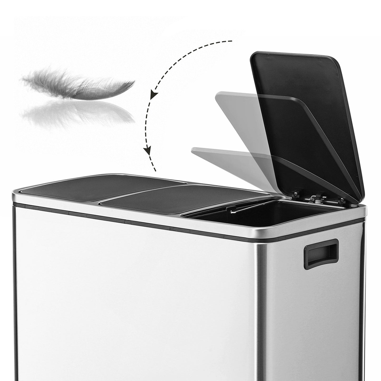 3 x 4.8 Gal Triple Compartment Recycling Bin, Soft-Close Step Lid, Inner Buckets, Waste Sorting System, Stainless Steel,Silver and Black