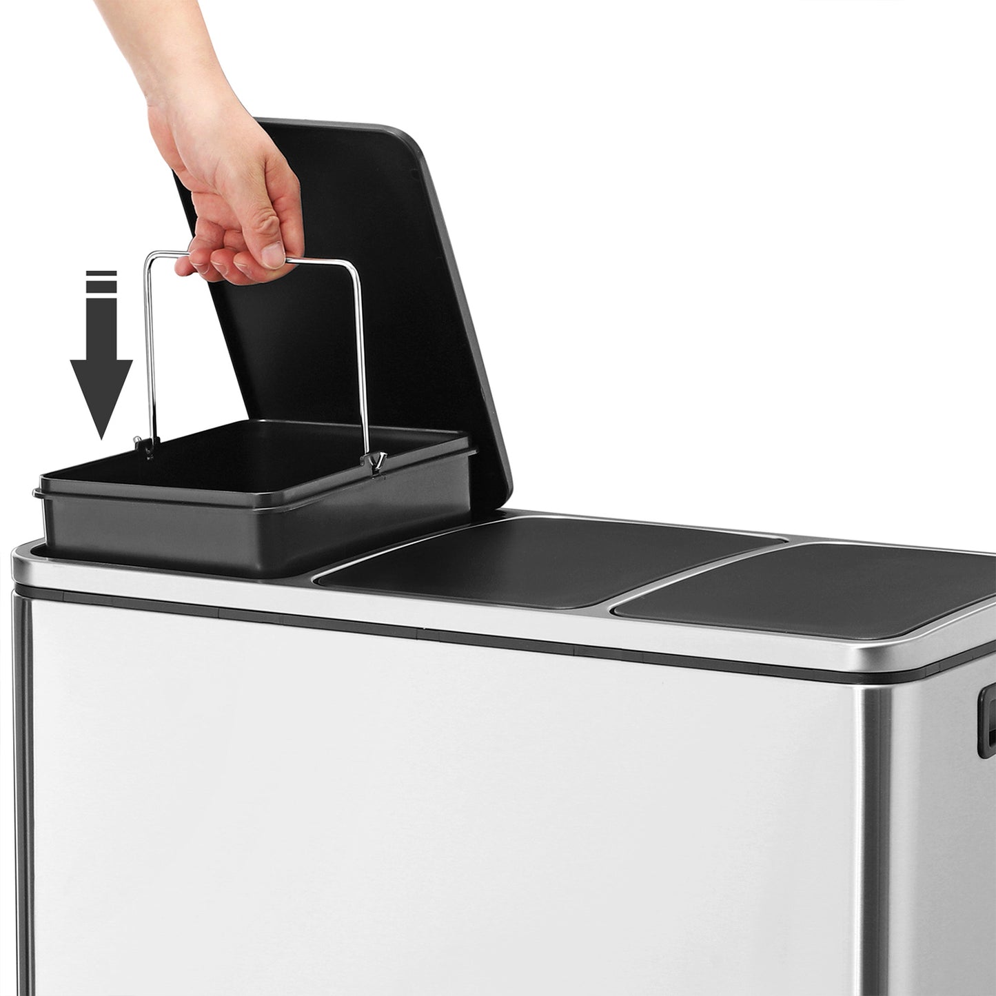 3 x 4.8 Gal Triple Compartment Recycling Bin, Soft-Close Step Lid, Inner Buckets, Waste Sorting System, Stainless Steel,Silver and Black