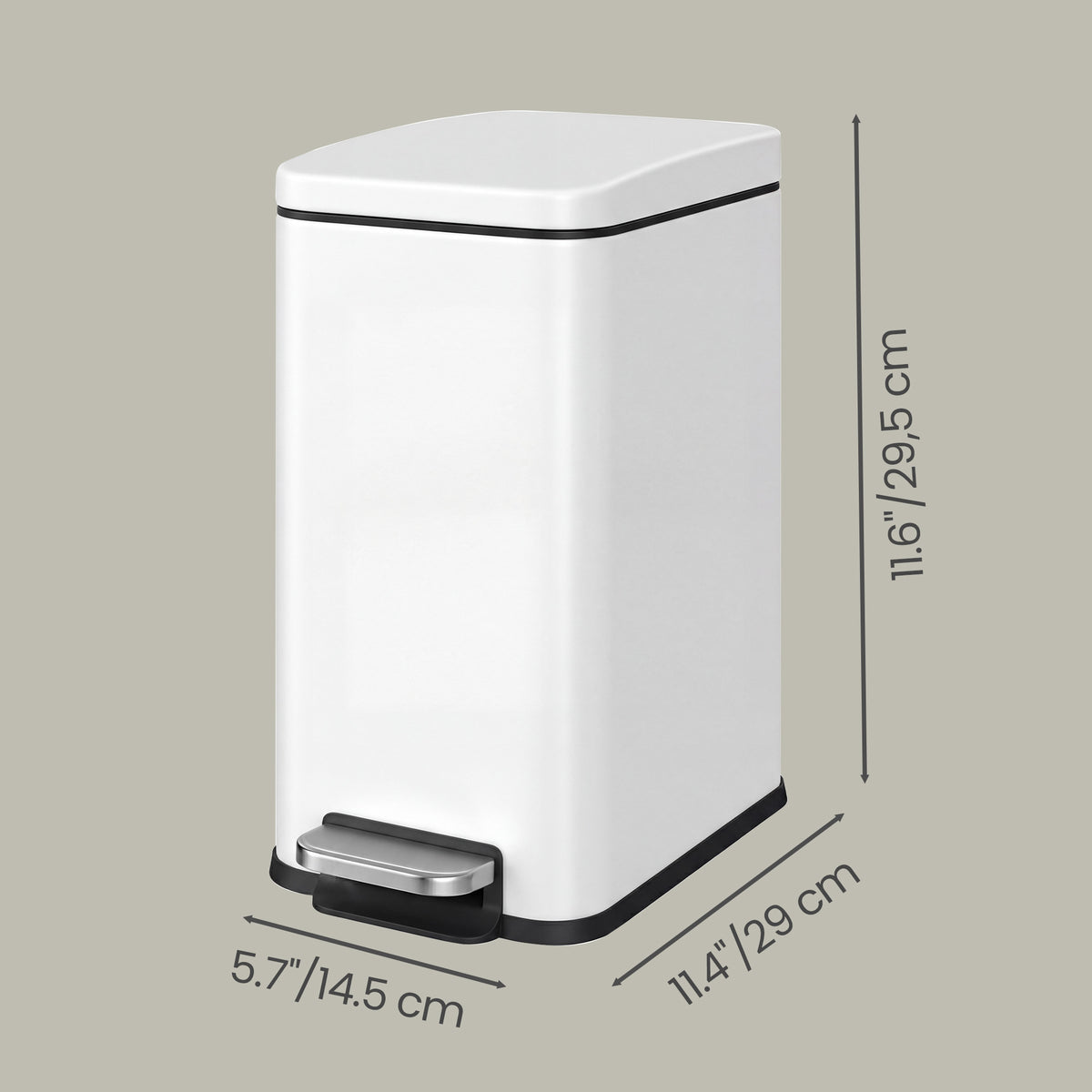 LEDREM Pedal Trash Can, Soft Close Bathroom Bin, Slim Steel Waste Bin for Small Spaces, with Lid, White