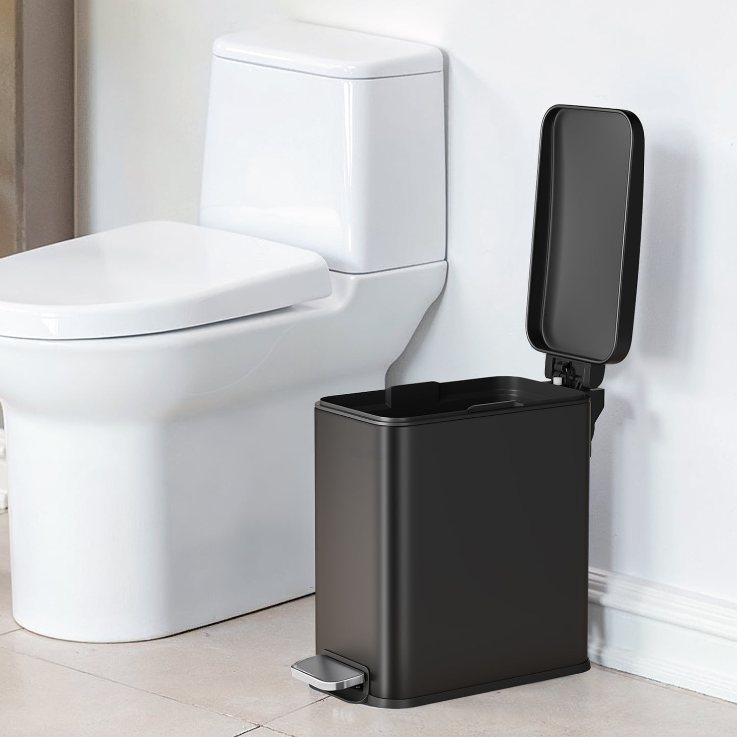 Small Bathroom Trash Can with Lid 2.6 Gallon, Soft-Close, Step Pedal, Slim Space-Saving Design, Removable Bucket, Black