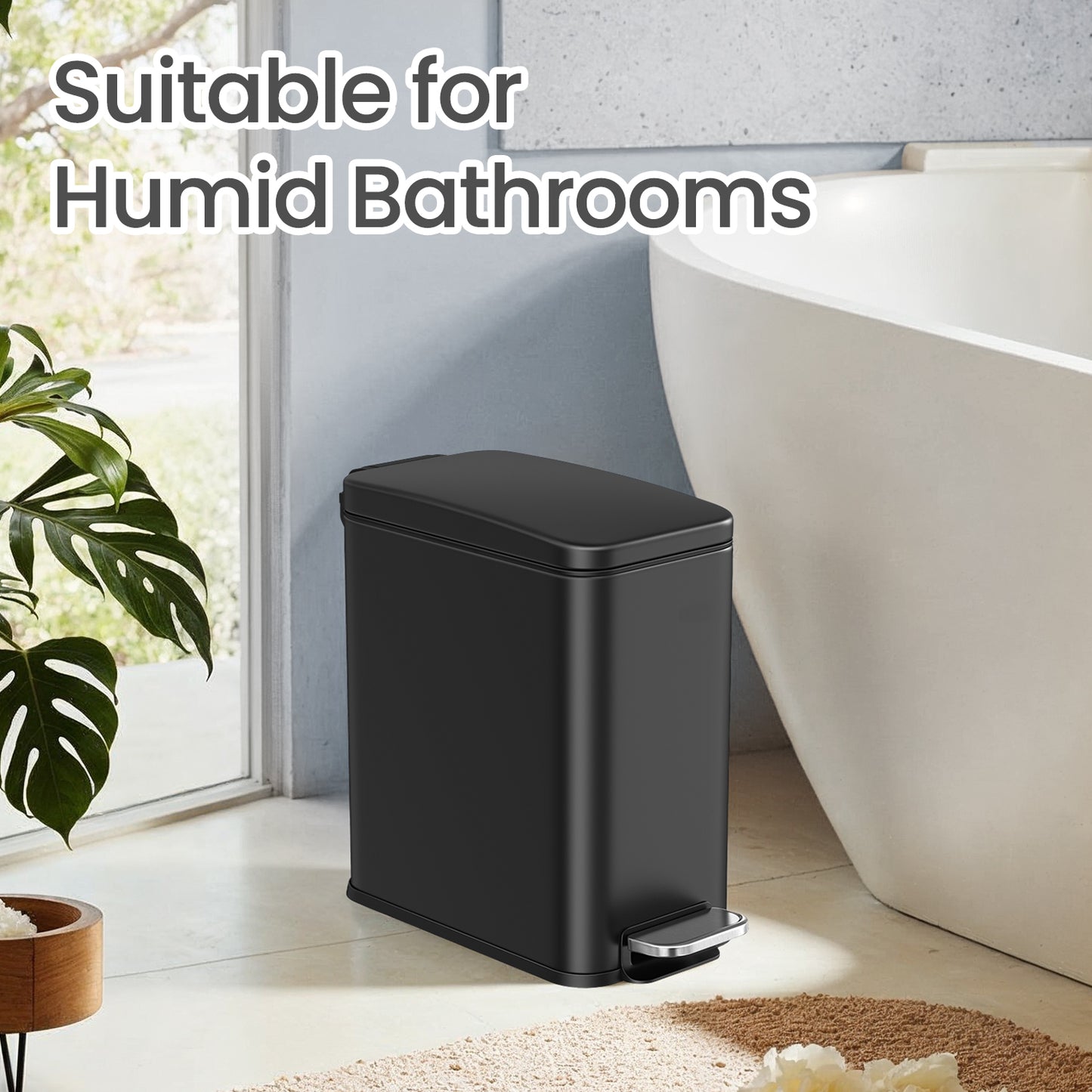 Small Bathroom Trash Can with Lid 2.6 Gallon, Soft-Close, Step Pedal, Slim Space-Saving Design, Removable Bucket, Black
