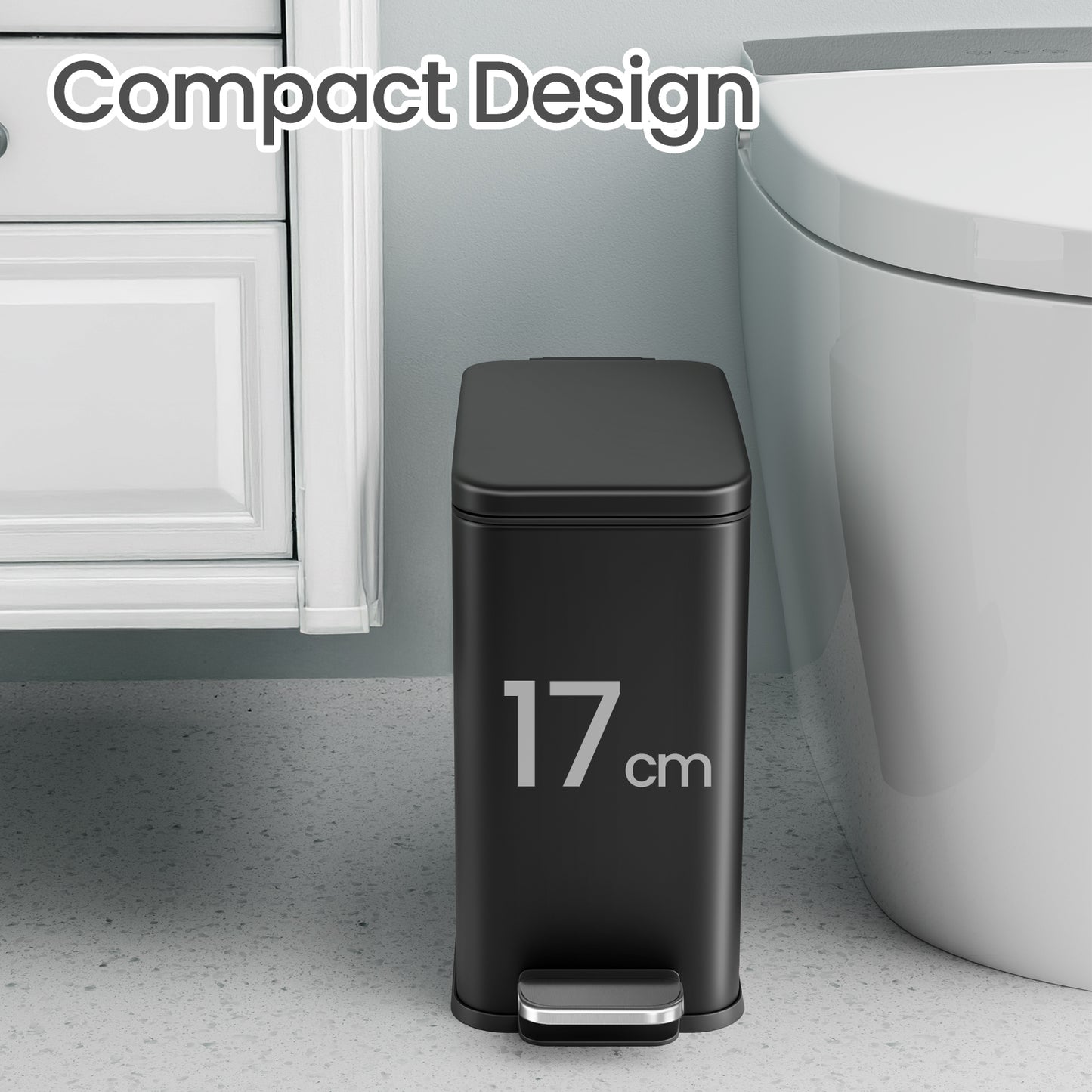 Small Bathroom Trash Can with Lid 2.6 Gallon, Soft-Close, Step Pedal, Slim Space-Saving Design, Removable Bucket, Black