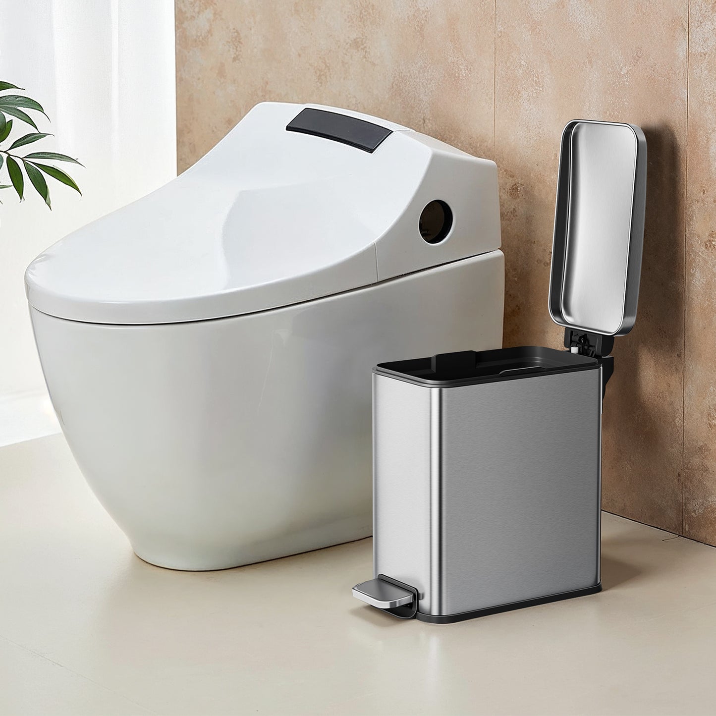 Small Bathroom Trash Can with Lid 2.6 Gallon, Soft-Close, Step Pedal, Slim Space-Saving Design, Removable Bucket, Silver