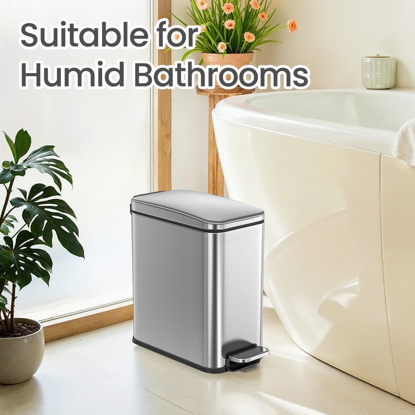 Small Bathroom Trash Can with Lid 2.6 Gallon, Soft-Close, Step Pedal, Slim Space-Saving Design, Removable Bucket, Silver