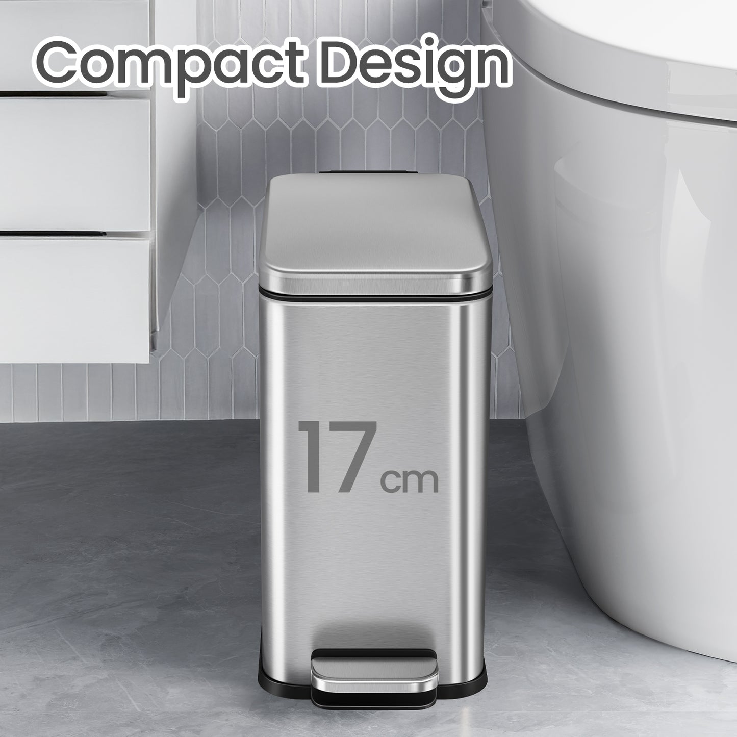 Small Bathroom Trash Can with Lid 2.6 Gallon, Soft-Close, Step Pedal, Slim Space-Saving Design, Removable Bucket, Silver