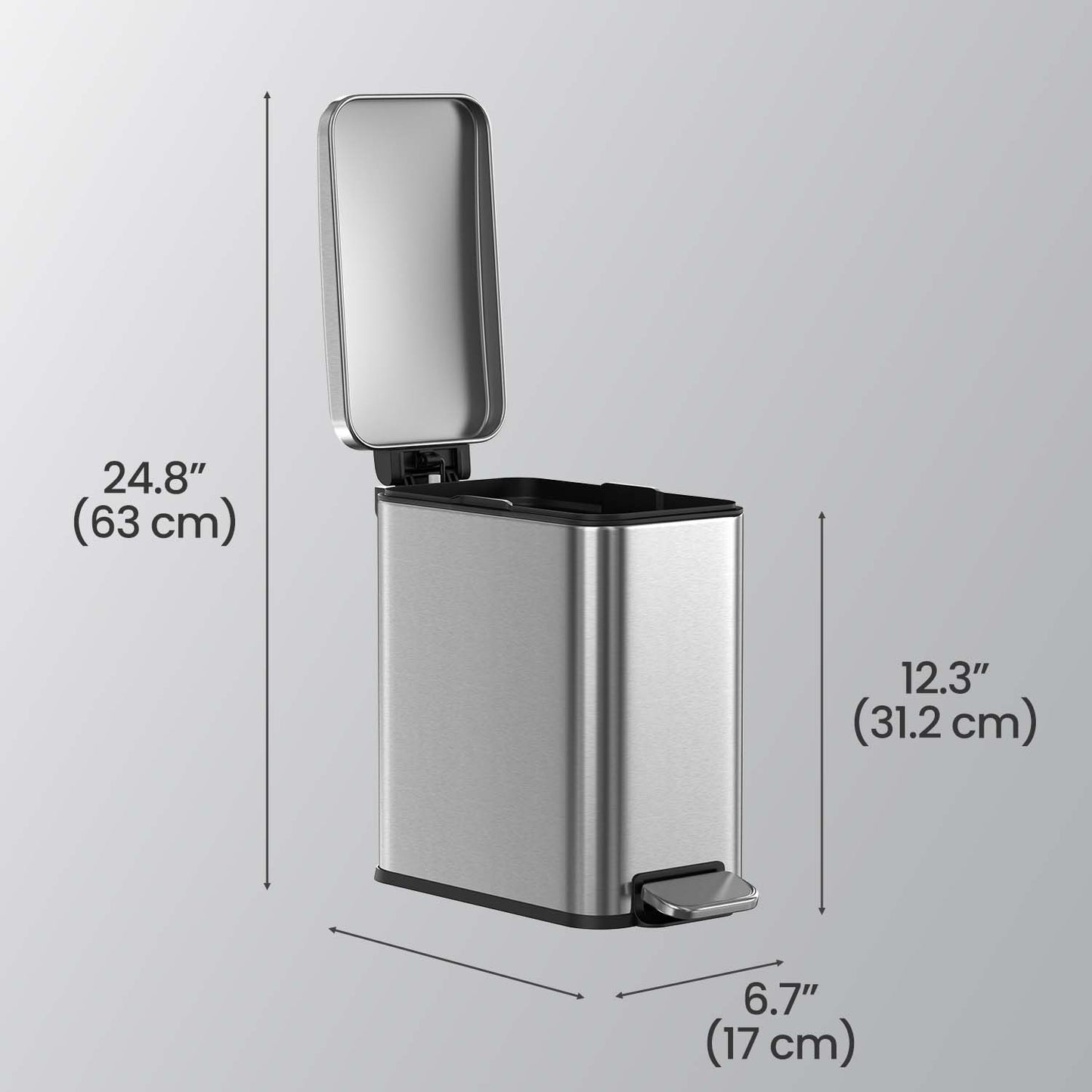 Small Bathroom Trash Can with Lid 2.6 Gallon, Soft-Close, Step Pedal, Slim Space-Saving Design, Removable Bucket, Silver