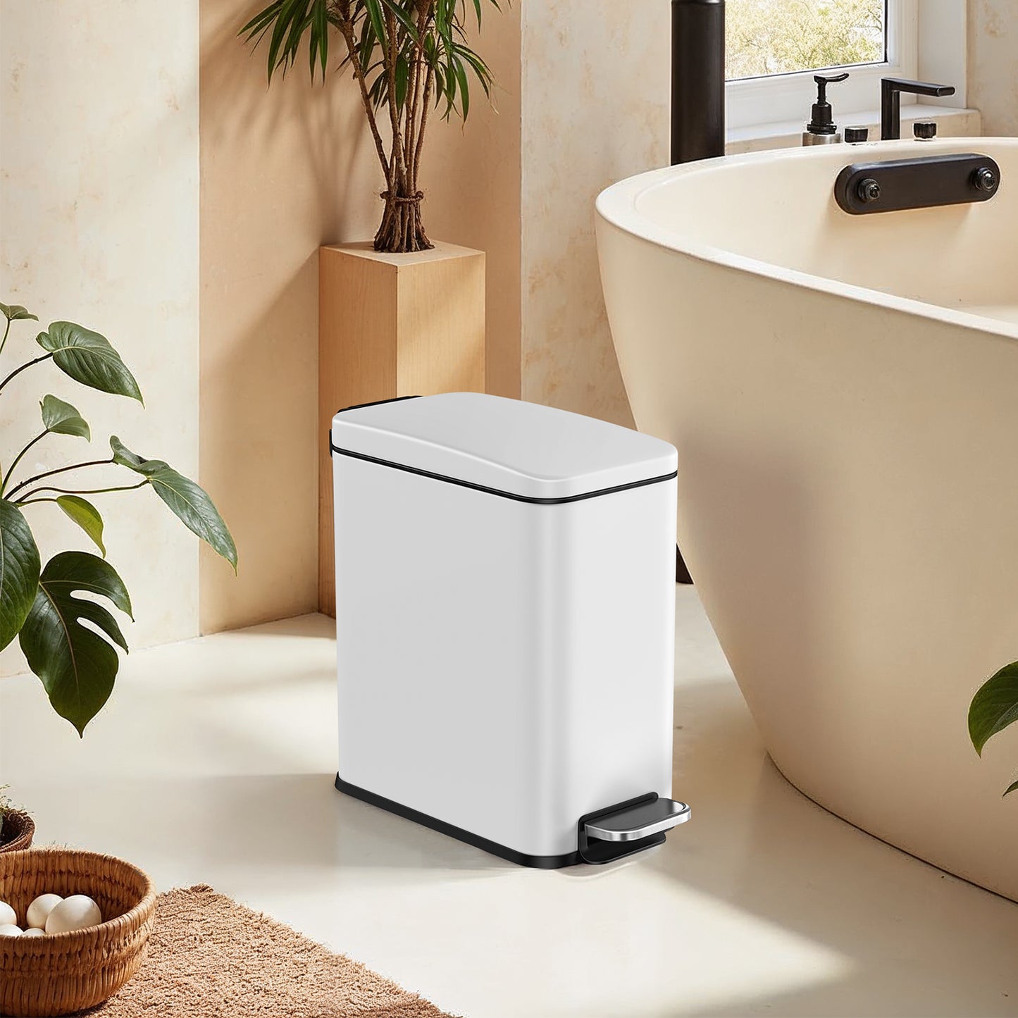 Small Bathroom Trash Can with Lid 2.6 Gallon, Soft-Close, Step Pedal, Slim Space-Saving Design, Removable Bucket, White