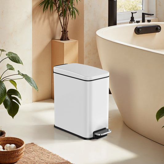 Small Bathroom Trash Can with Lid 2.6 Gallon, Soft-Close, Step Pedal, Slim Space-Saving Design, Removable Bucket, White