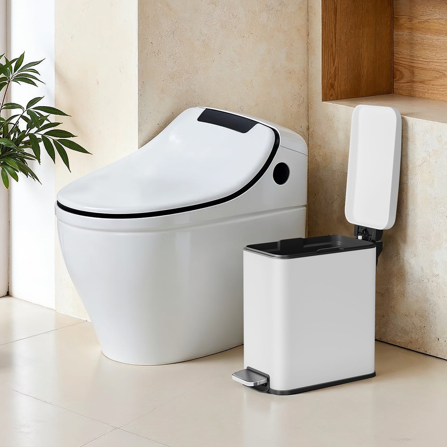 Small Bathroom Trash Can with Lid 2.6 Gallon, Soft-Close, Step Pedal, Slim Space-Saving Design, Removable Bucket, White