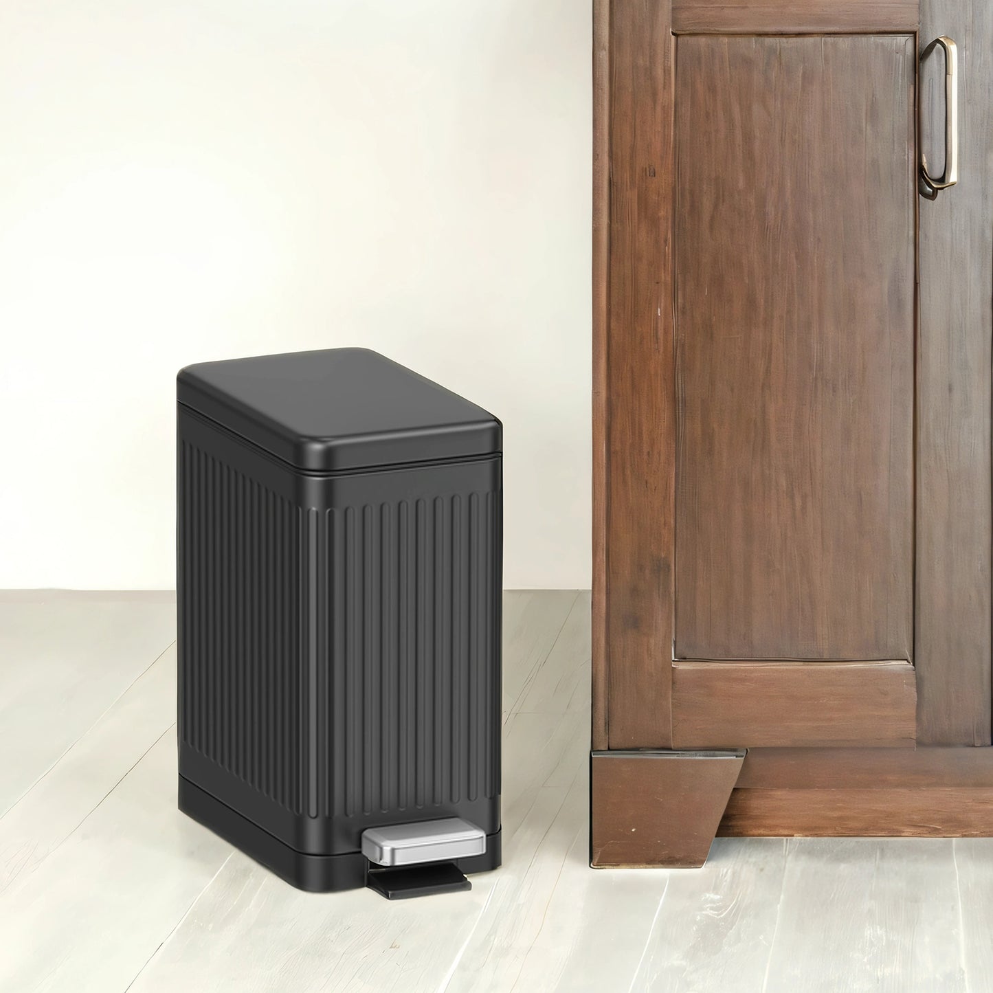 Slim Bathroom Trash Can with Lid, 2.6 Gallon Soft-Close Step Trash Bin, Fluted Design for Small Spaces - Stainless Steel,Black