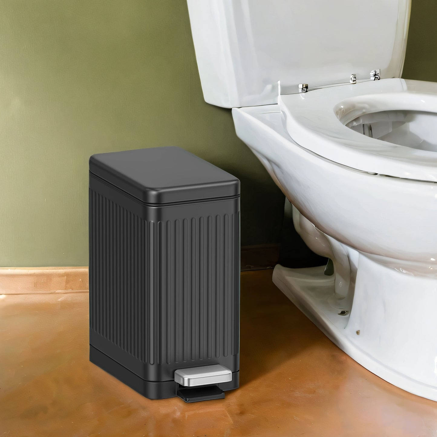 Slim Bathroom Trash Can with Lid, 2.6 Gallon Soft-Close Step Trash Bin, Fluted Design for Small Spaces - Stainless Steel,Black