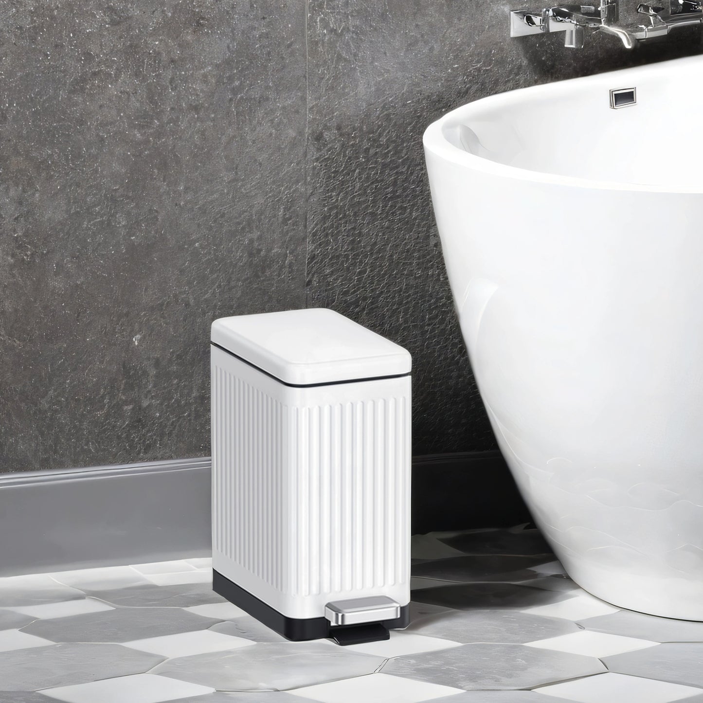 Slim Bathroom Trash Can with Lid, 2.6 Gallon Soft-Close Step Trash Bin, Fluted Design for Small Spaces - Stainless Steel,White