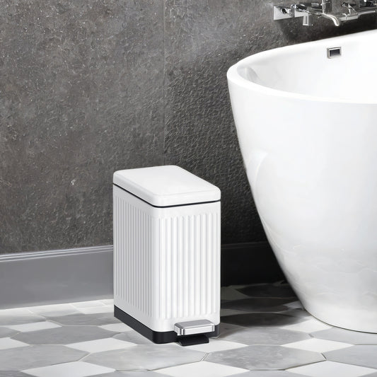 Slim Bathroom Trash Can with Lid, 2.6 Gallon Soft-Close Step Trash Bin, Fluted Design for Small Spaces - Stainless Steel,White