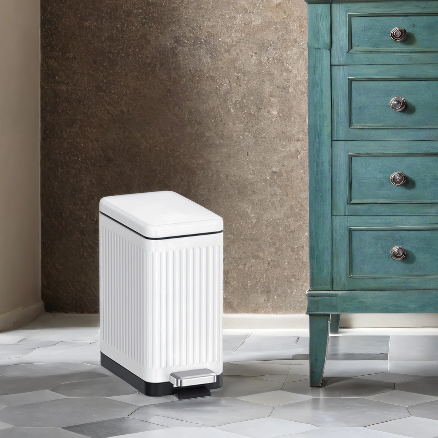 Slim Bathroom Trash Can with Lid, 2.6 Gallon Soft-Close Step Trash Bin, Fluted Design for Small Spaces - Stainless Steel,White