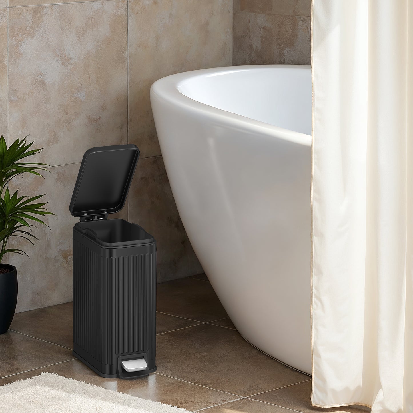 Slim Bathroom Trash Can with Lid, 1.6 Gallon Soft-Close Step Bin, Fluted Design for Small Spaces - Stainless Steel,Black