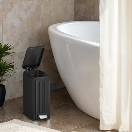 Slim Bathroom Trash Can with Lid, 1.6 Gallon Soft-Close Step Bin, Fluted Design for Small Spaces - Stainless Steel,Black
